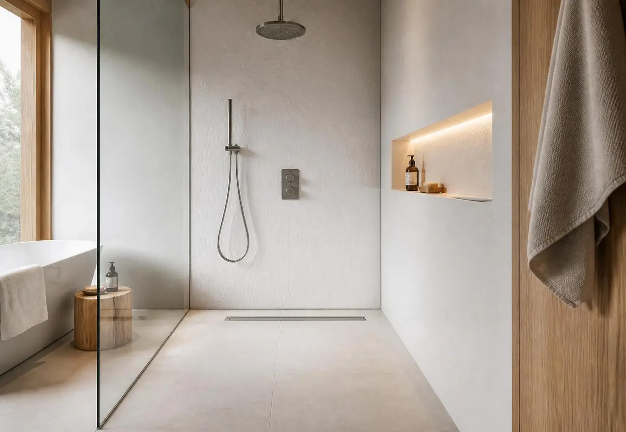 Douche à l’italienne de plain-pied, carrelage grand format beige clair, caniveau inox