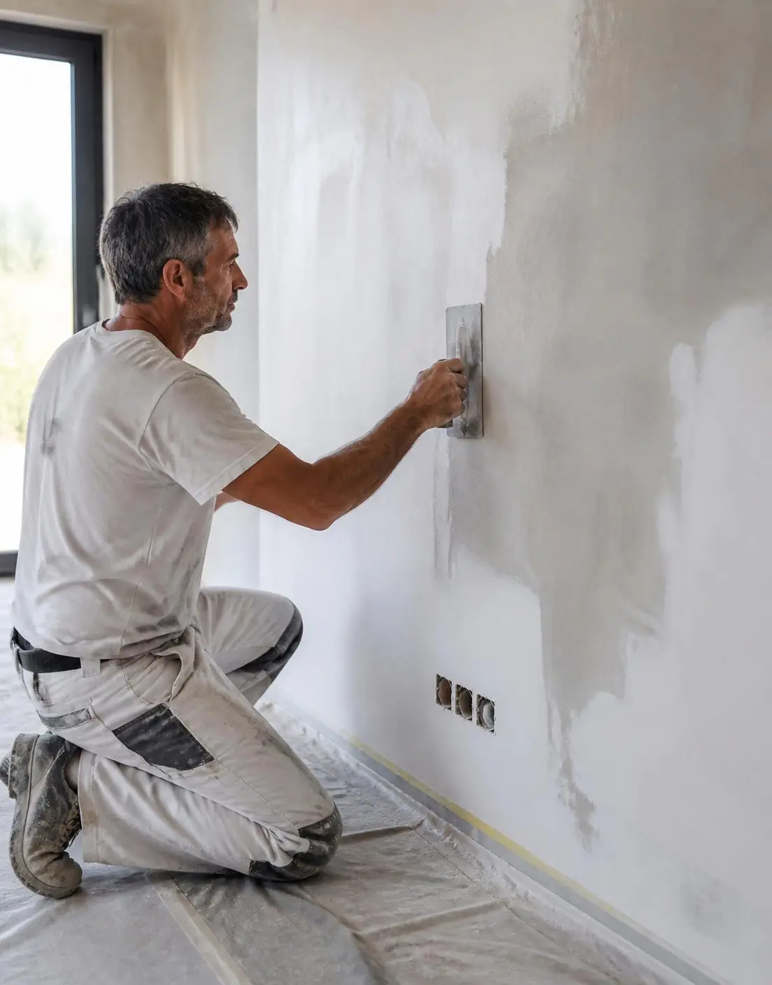 Artisan à genoux tirant un enduit de lissage à la lame sur un mur, sol bâché