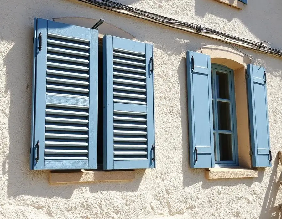 Deux fenêtres d’une façade au crépi clair, volets en bois peints en bleu