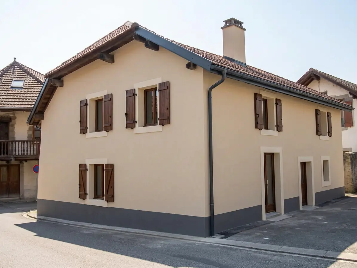 La même maison, enduit beige refait, encadrements clairs