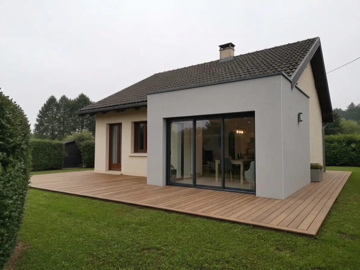 La même maison agrandie d’une extension à toit plat et grande baie