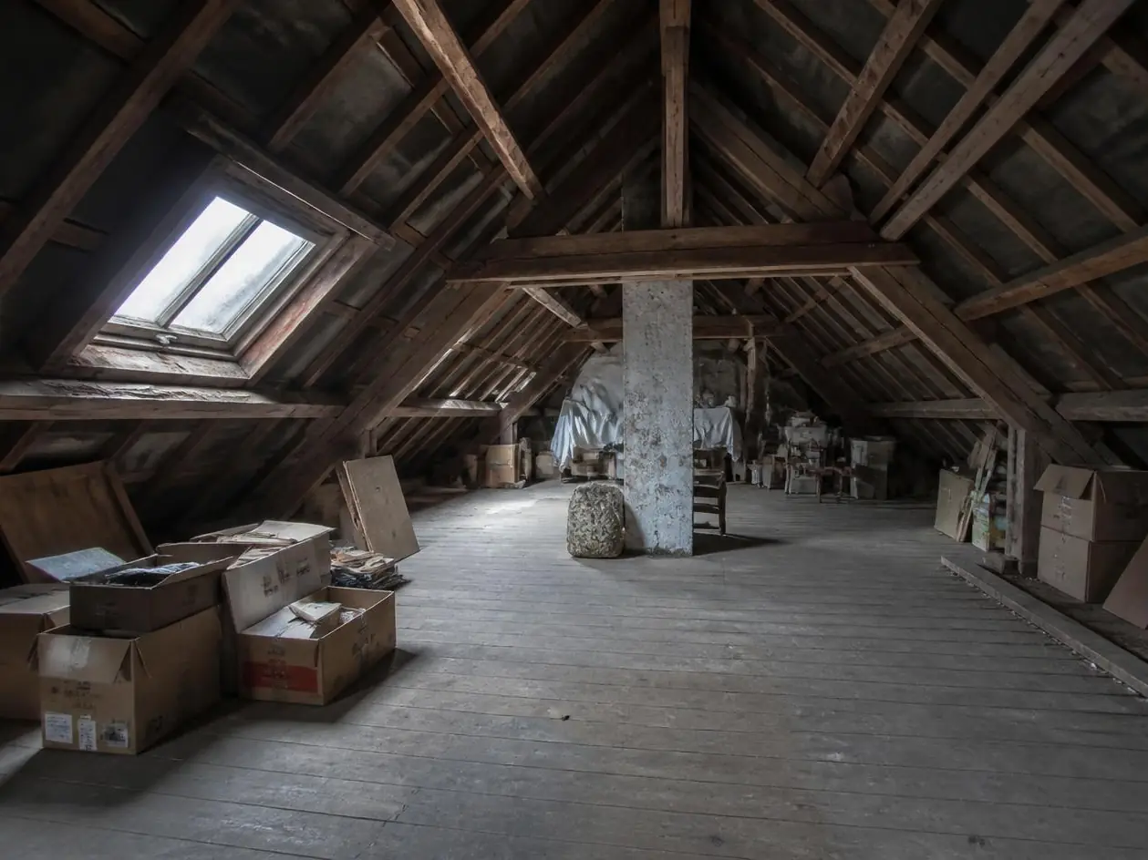 Grenier brut, charpente sombre, plancher de planches